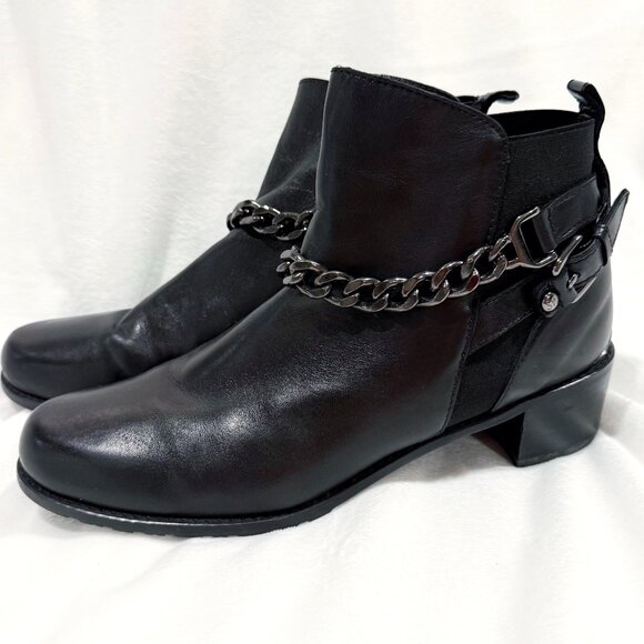Stuart Weitzman Black Leather Chain Buckle Pull On Stretch Ankle Boots Women 9 - Picture 1 of 11